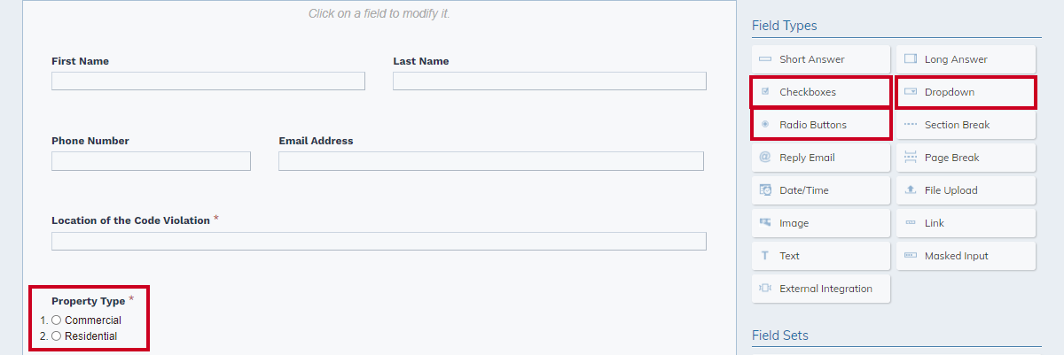 add or select existing checkboxes, radio buttons, or dropdown field types