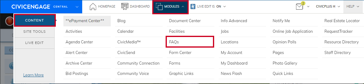 navigate to the FAQs module
