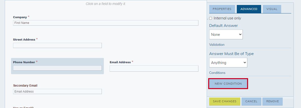 field advanced tab, new condition button