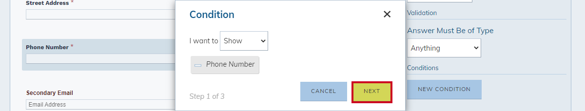 field condition pop-up, next button