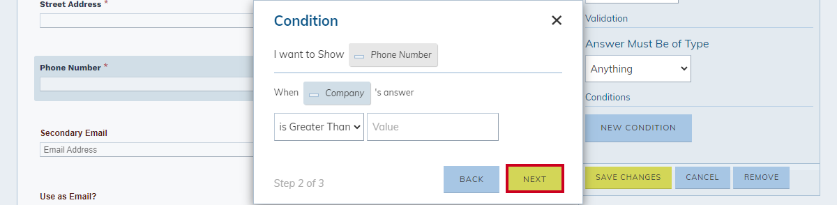 field condition pop-up next button