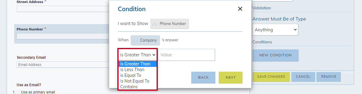 field condition pop-up select criteria options