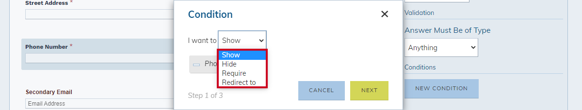 field condition pop-up, I want to drop-down menu options