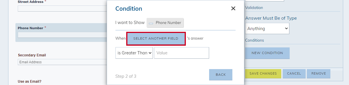 field condition pop-up, select another field button