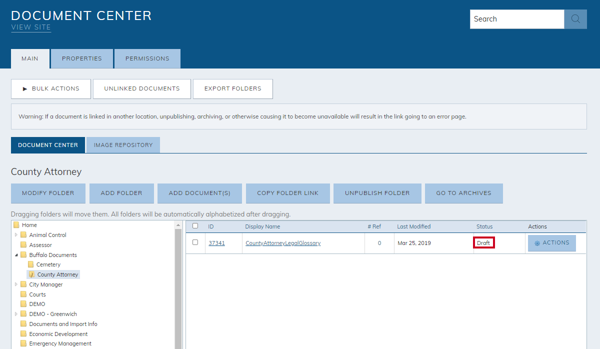 document center, document draft status