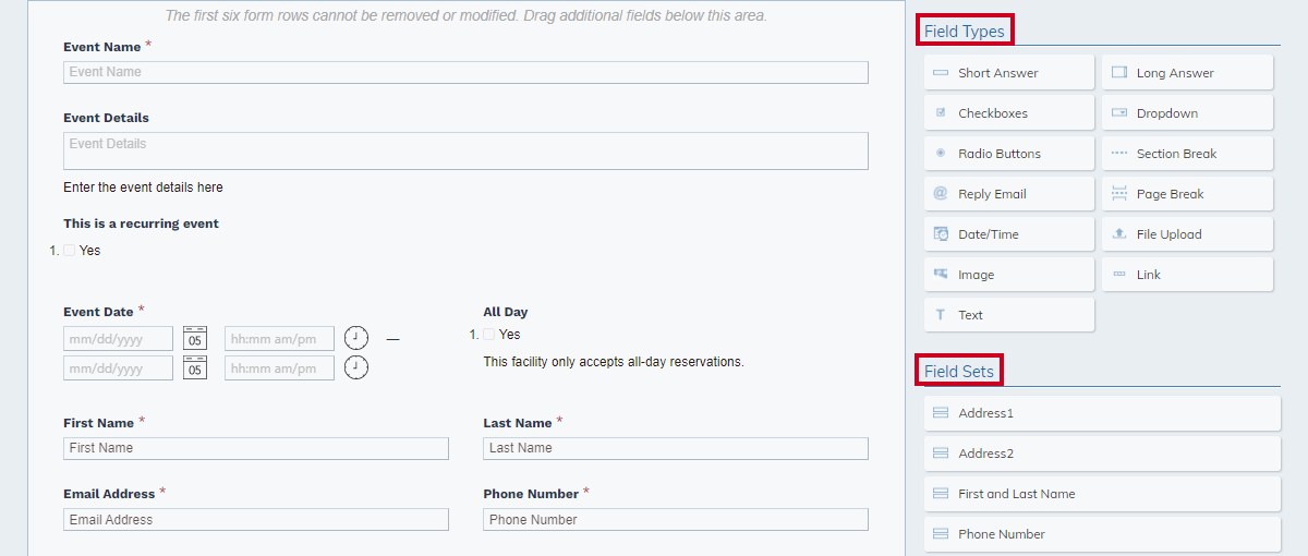 Drag-and-drop field sets and field types to the form.
