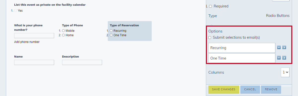 Radio button, checkbox, and drop-down field type options.