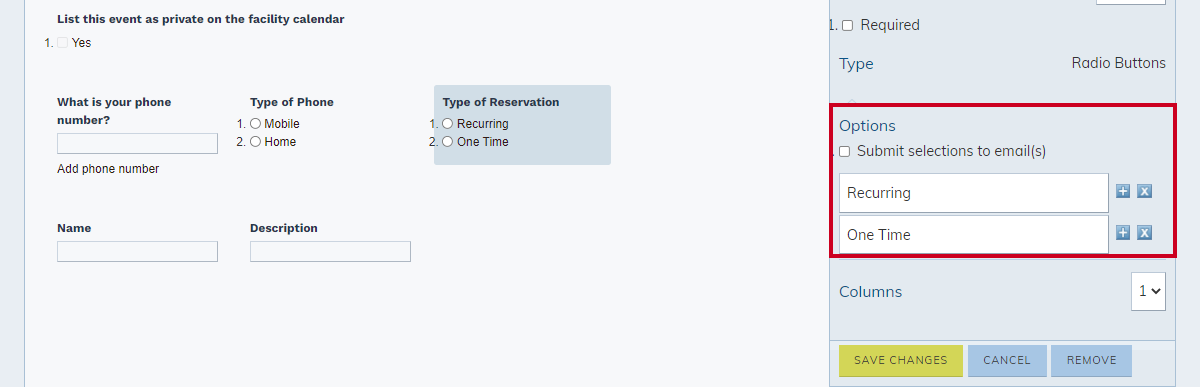 radio button, checkbox, and drop-down field type options