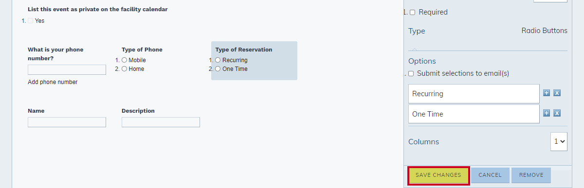 field type, save changes button