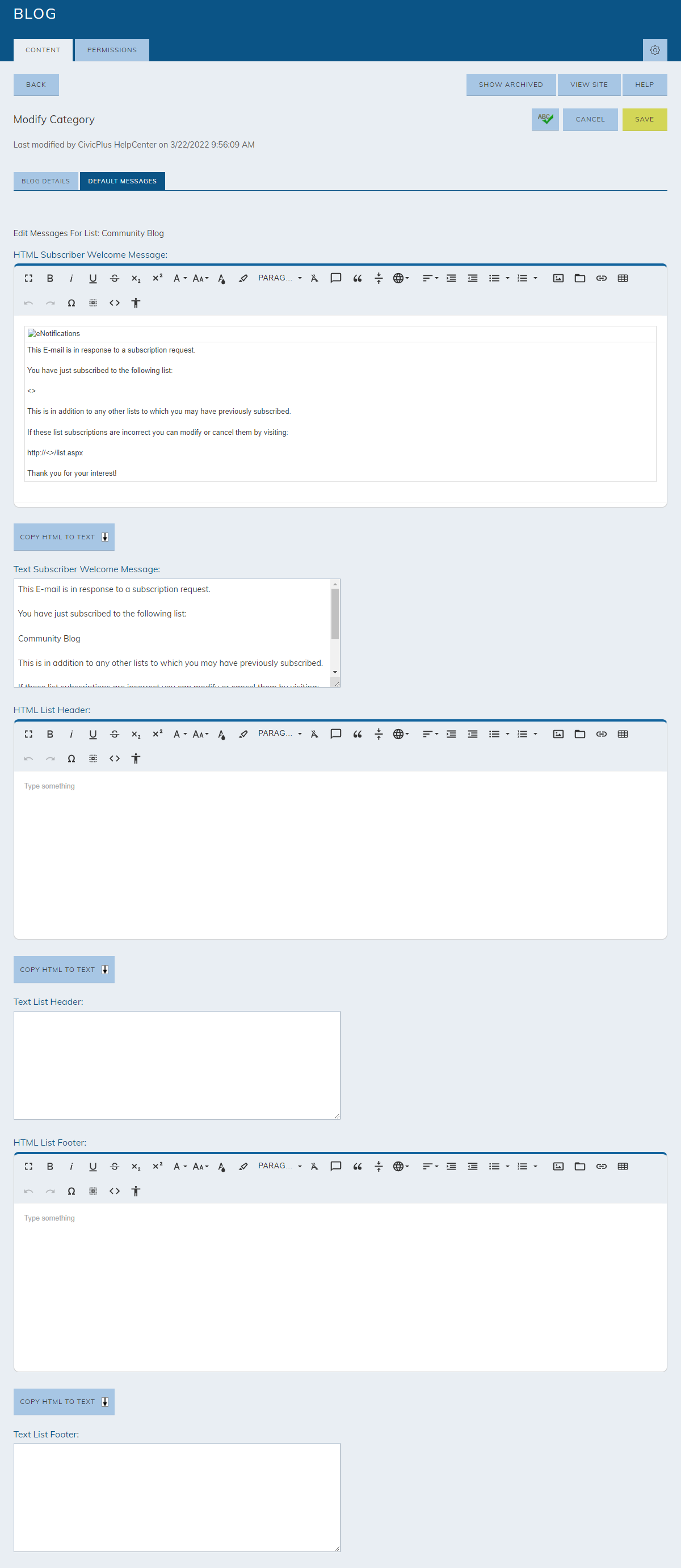 default messages list options