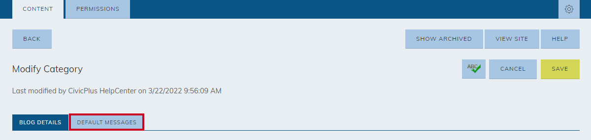 category properties, default messages tab