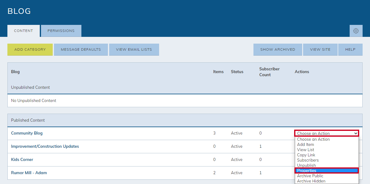 category, choose an action drop-down menu, properties