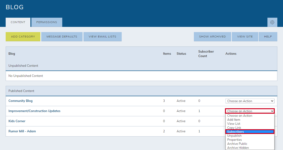 category, choose an action drop-down menu, subscribers