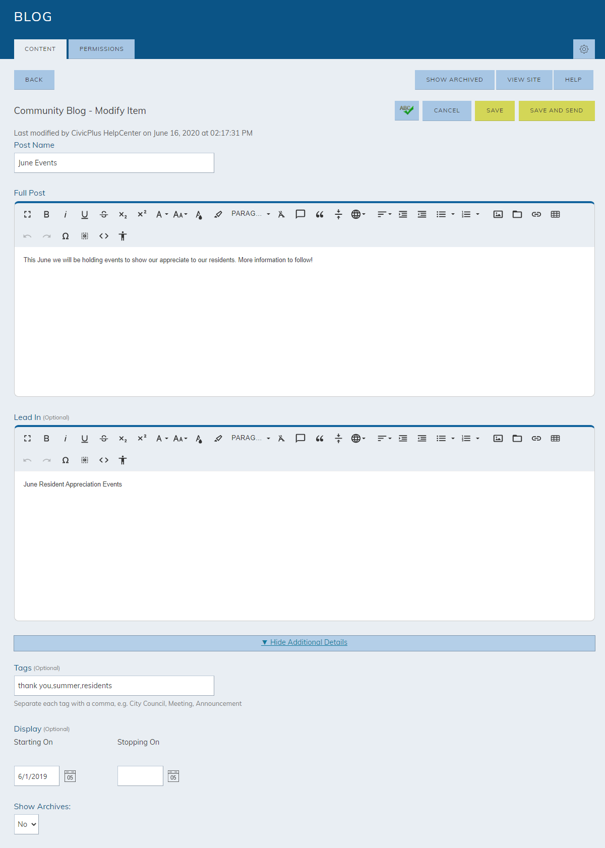 modify blog item, input fields