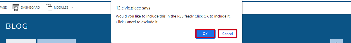 include in RSS feed pop-up window, okay or cancel buttons