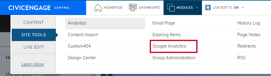 The Google Analytics option in the Site Tools tab of the Modules dropdown.