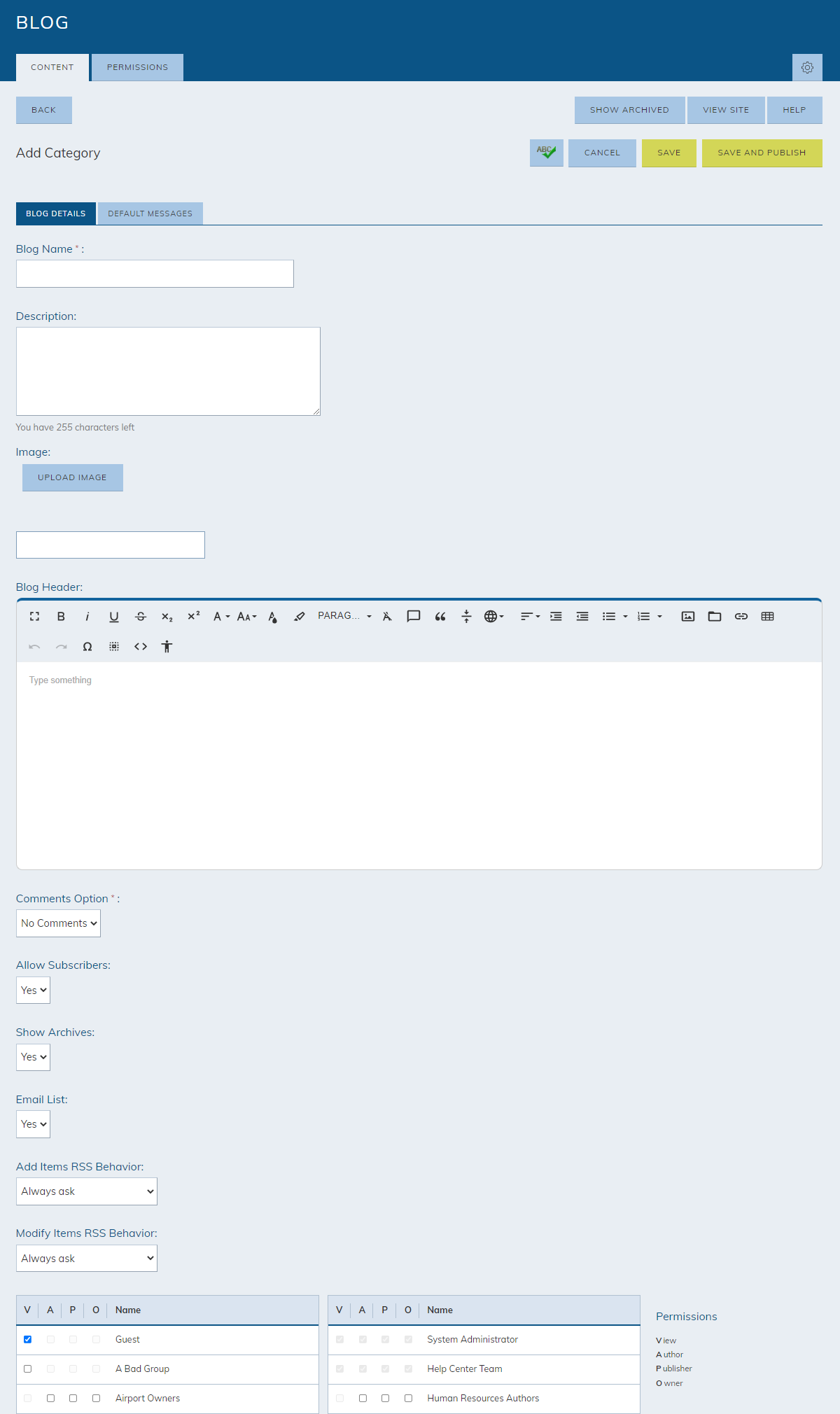 blog category information fields