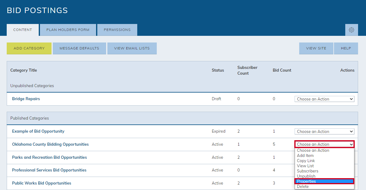 bid category, choose an action drop-down menu, properties