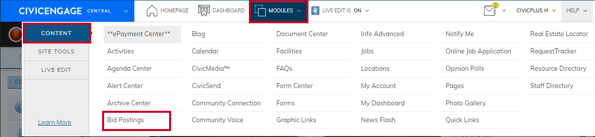 navigate to the bid postings module