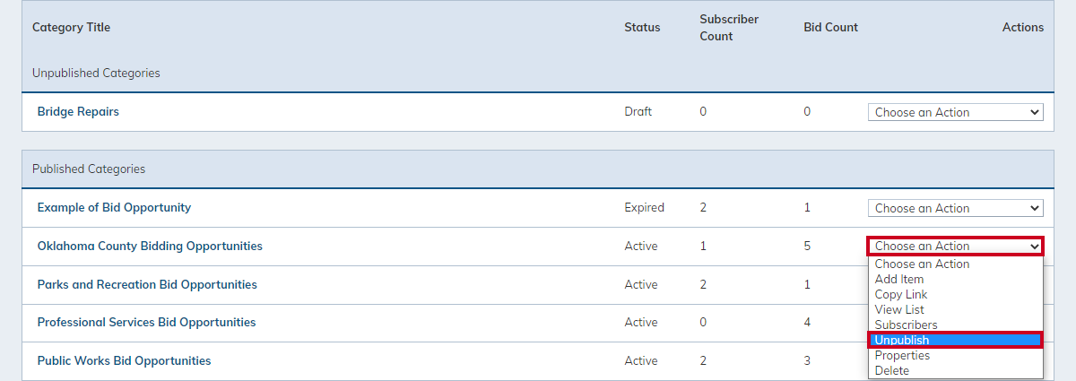 Choose an action drop-down menu, unpublish.