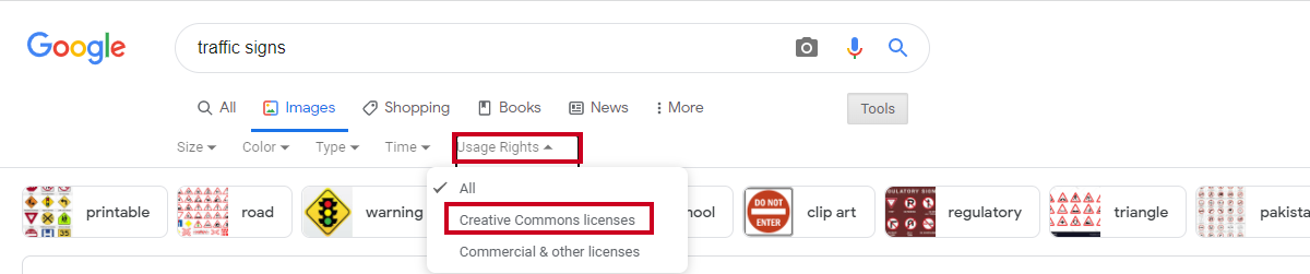 usage rights tool drop-down menu, creative commons licenses