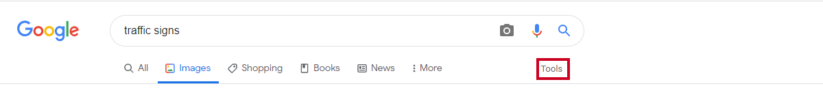 google image search, tools button
