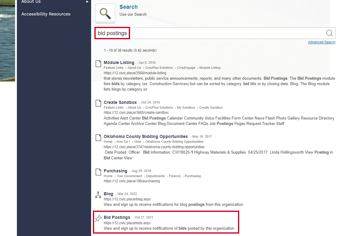 Search page and bid postings result.