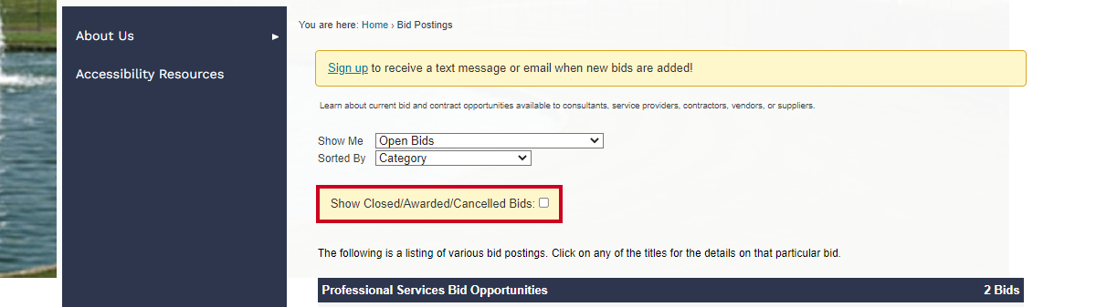 Show closed/awarded/cancelled bids checkbox.