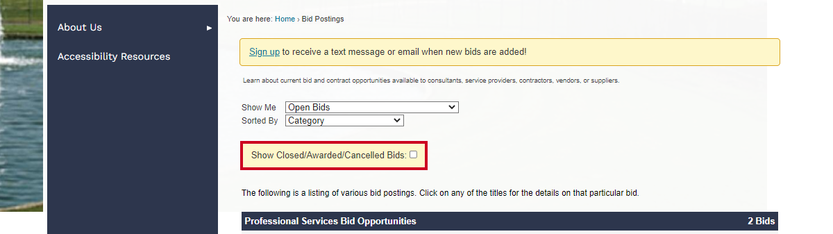 show closed/awarded/cancelled bids checkbox