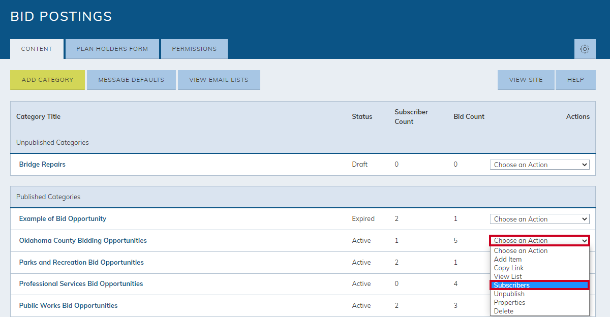 bid category, choose an action drop-down menu, subscribers