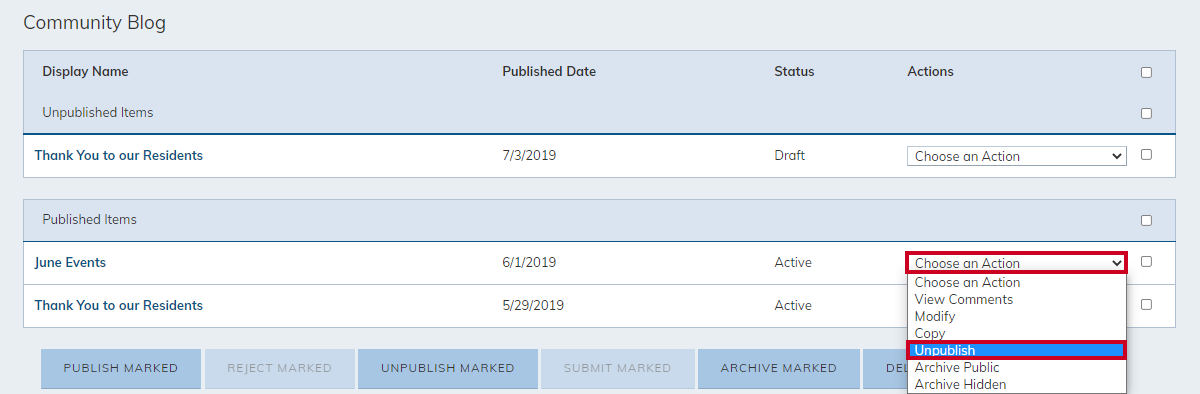 published blog item, choose an action drop-down menu, unpublish