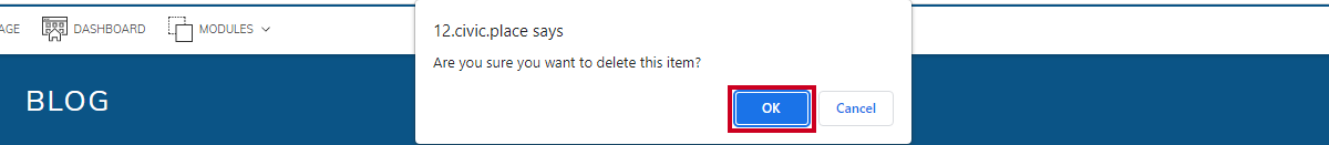 confirm deletion pop-up window, okay button