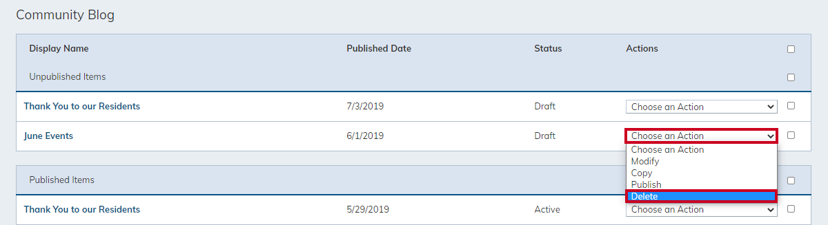 unpublished blog item, choose an action drop-down menu, delete