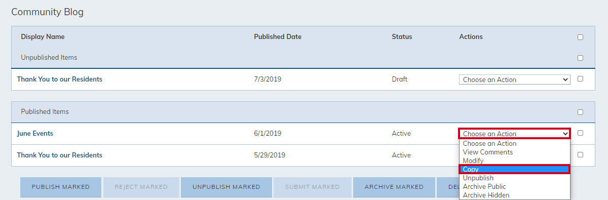 blog item, choose an action drop-down menu, copy