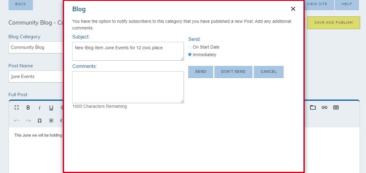 blog send notification options pop-up window