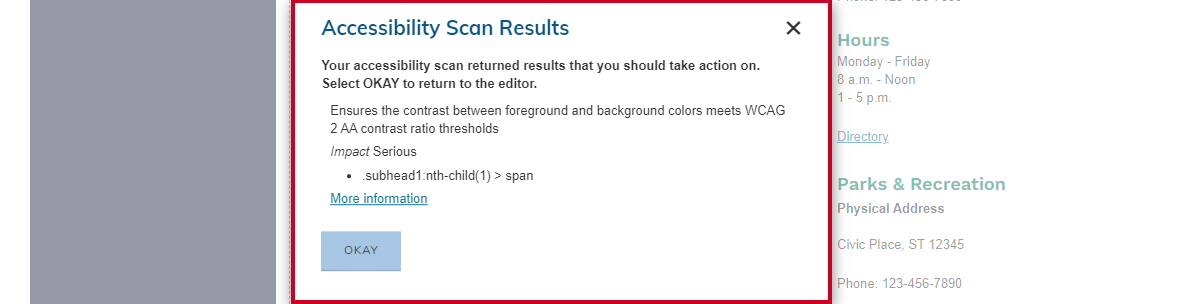 When an error is found by the Accessibility Checker, a message will pop up for the user to understand where the error was found.