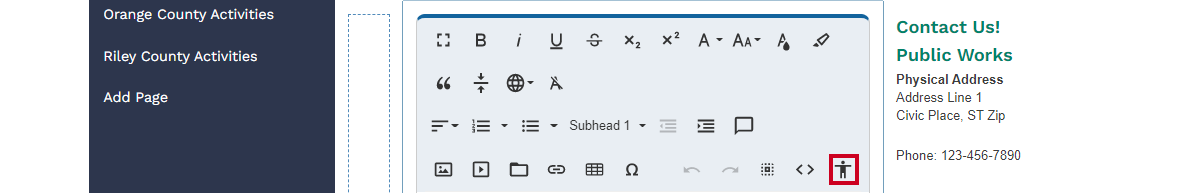 The Accessibility Checker reviews the Editor widget's content for compliance with the American with Disabilities Act (ADA).