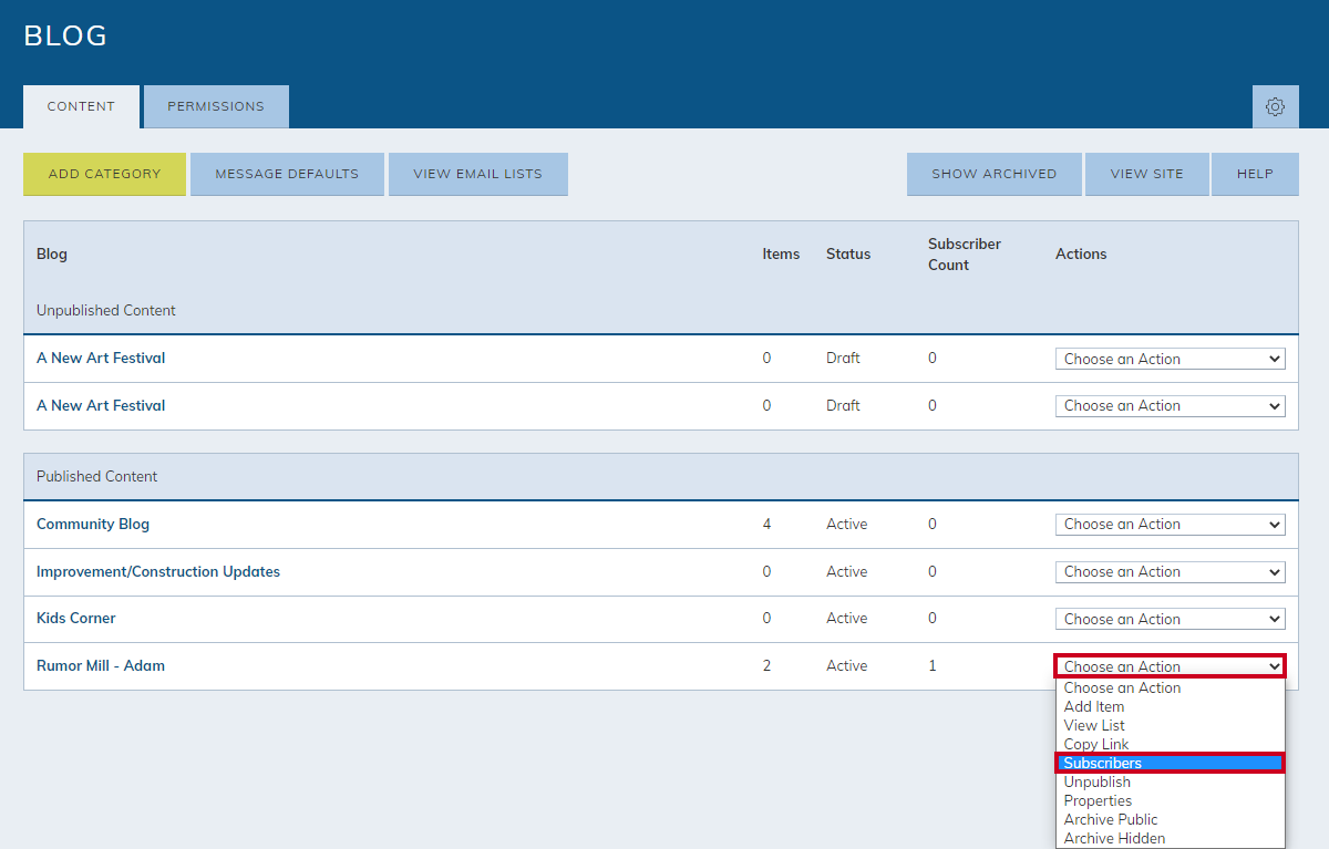 blog category, choose an action drop-down menu, subscribers