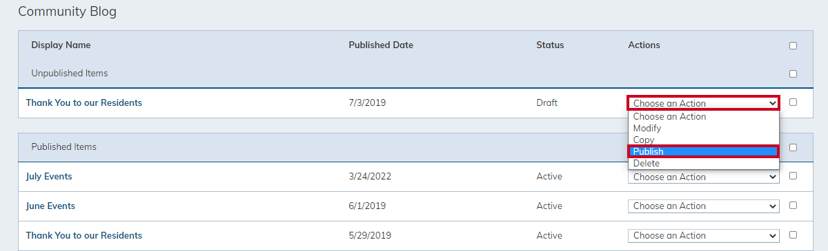 blog item, choose an action drop-down menu, publish