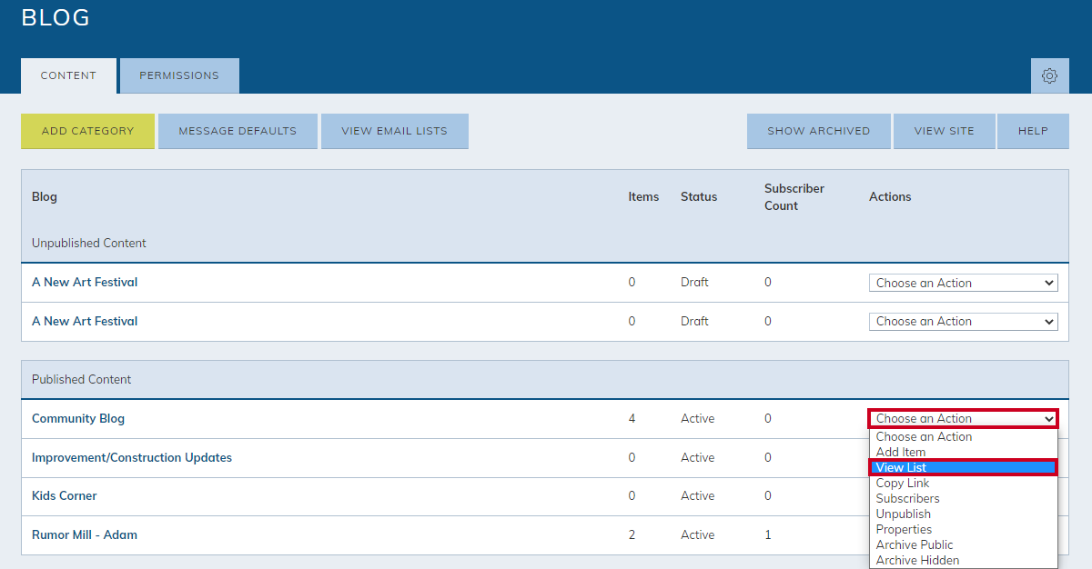 blog category, choose an action drop-down menu, view list