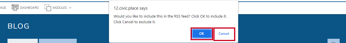 Show in RSS feed pop-up window, okay or cancel buttons