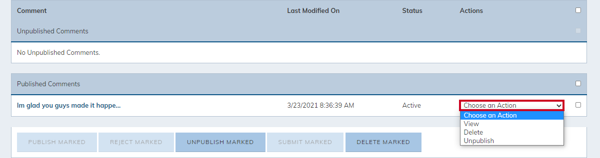 blog comment, choose an action drop-down menu
