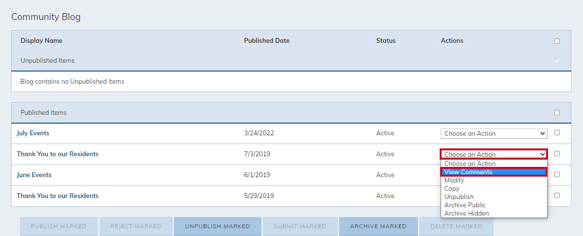 blog item, choose an action drop-down menu, view comments