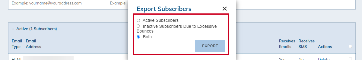 export subscribers options and the export button