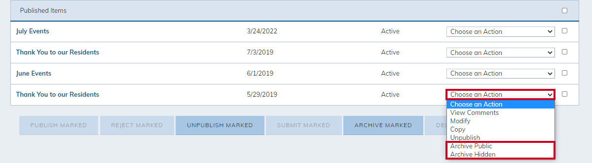 blog item, choose an action drop-down menu, archive public or archive hidden