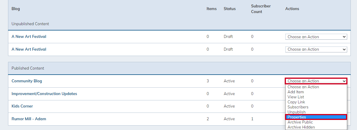 blog category, choose an action drop-down menu, properties