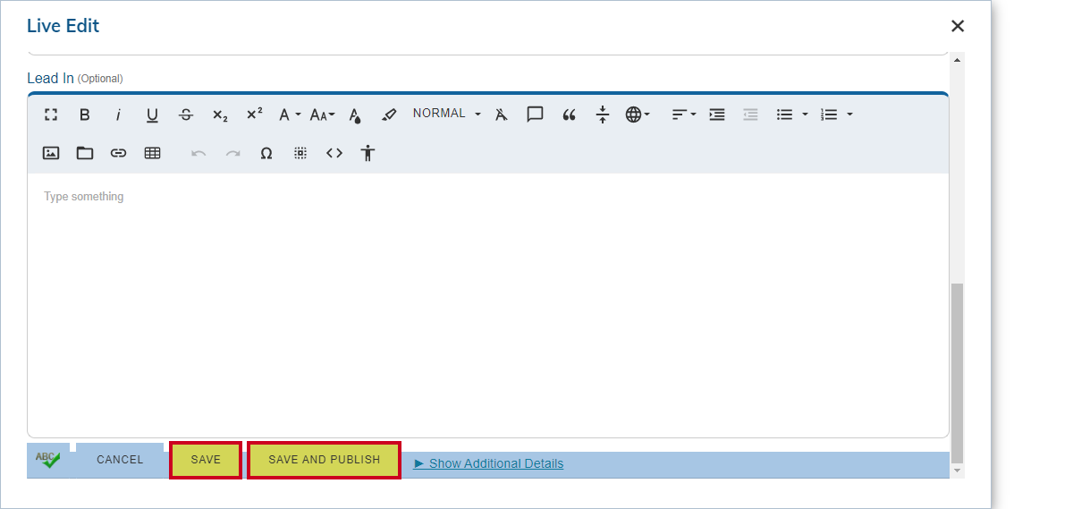 blog live edit, save or save and publish buttons