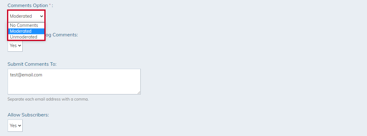comment moderation options drop-down