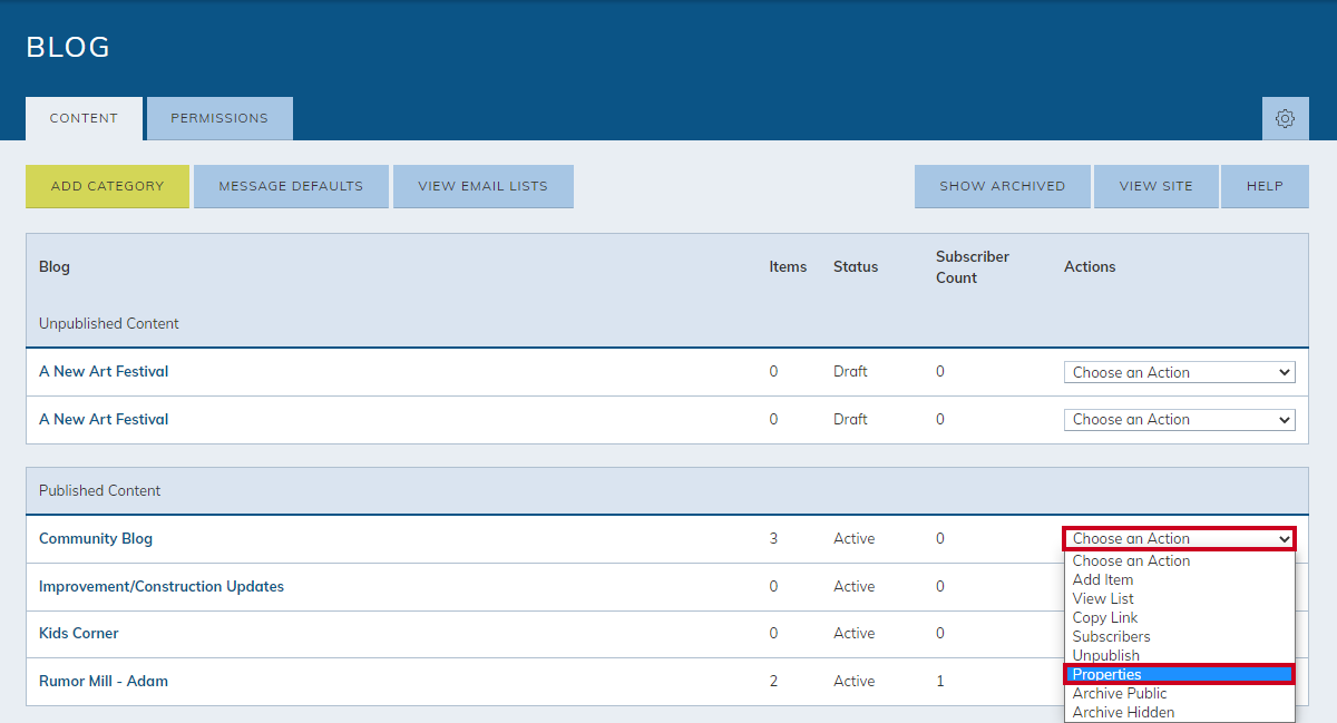 blog category, choose an action drop-down menu, properties