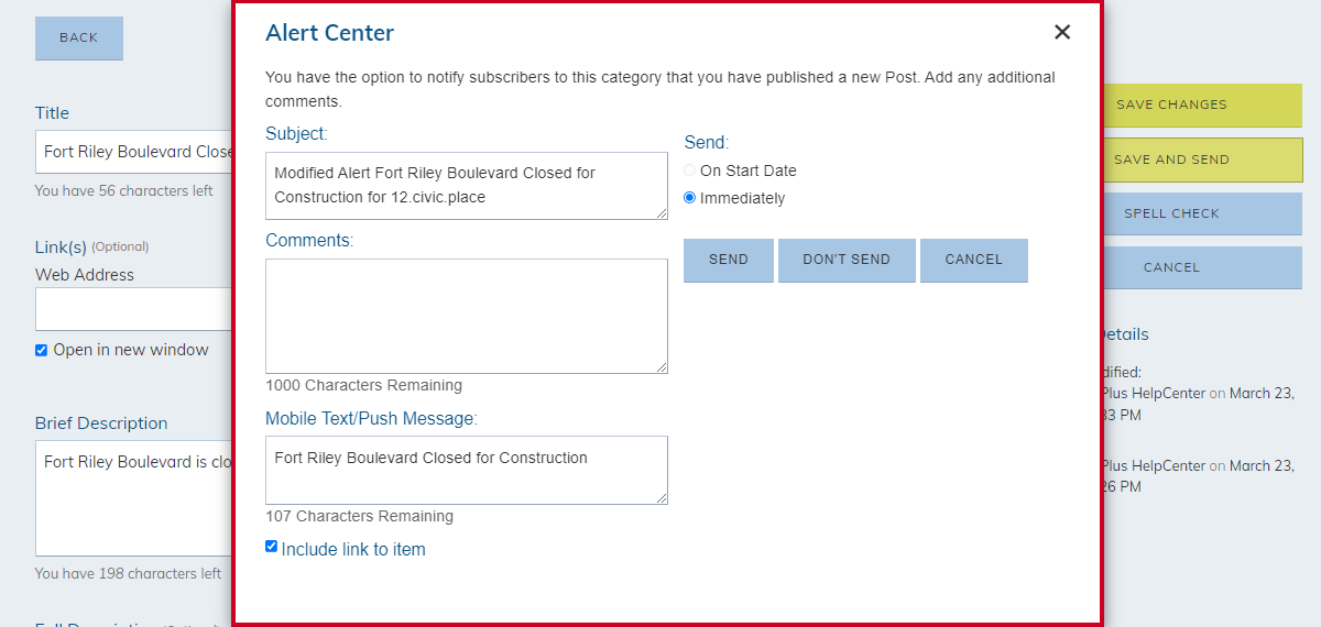 alert center, send notification options